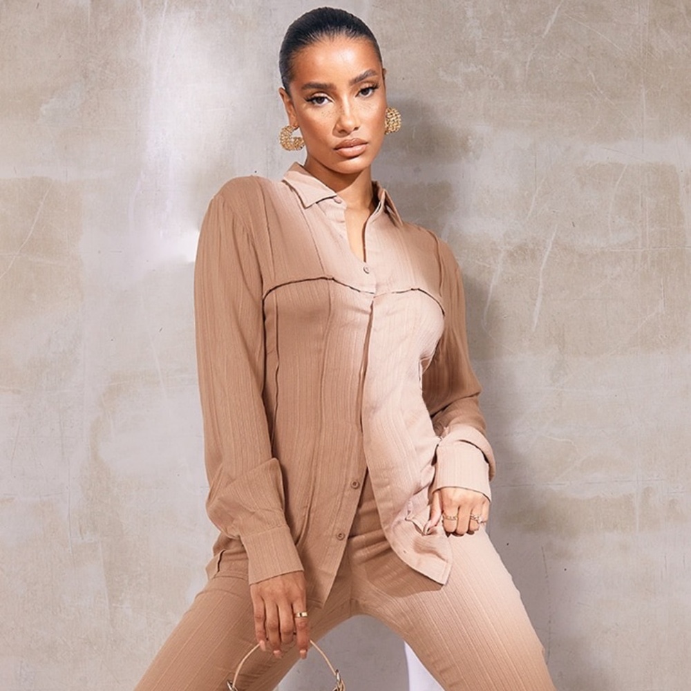 CAMEL TEXTURED STRIPE POCKET FLARED PANTS AND SHIRT SET